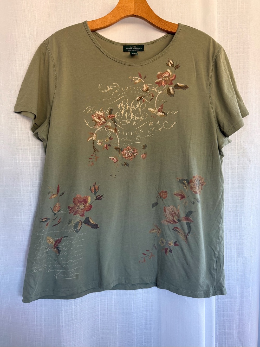 Lauren Ralph Lauren Jeans Co XL Olive Green Floral Embroidered Graphic T Shirt